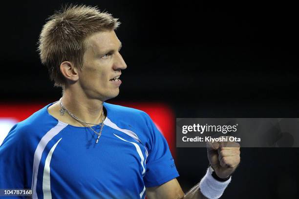 Jarkko Nieminen of Finland celebrates a point in his match against Jo-Wilfried Tsonga of France on day two of the Rakuten Open tennis tournament at...