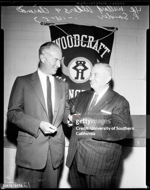 New President of Woodcraft Rangers, 14 January 1957. Willard Allers ;Clarence P Sander ;.;Supplementary material reads: 'News Bureau;Woodcraft...