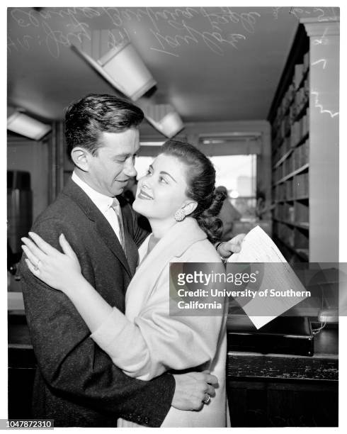 Anti-romance rule of law firm broken , 6 February 1957. Jay M Taylor -- 30 years attorney. Elaine Barbara Eagle -- 18 years. .;Caption slip reads:...