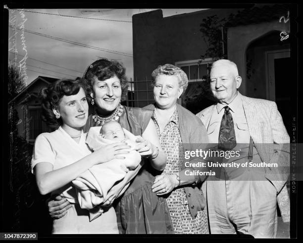 Five generations, 10 February 1957. Mrs Linda Steiner;Danni Steiner;Mrs June Baker;Mrs Javerna Stinebiser;George M Goodridge.;Caption slip reads:...