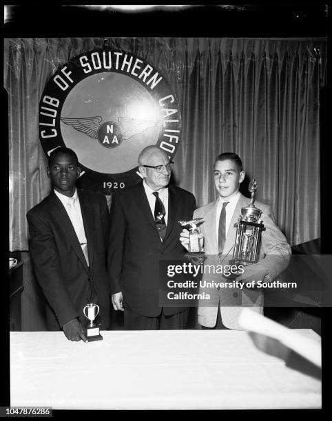 Winners of airport journalism contest, 19 May 1957. Don Belding ;Geoffrey Brown ;George Edwards .;Supplementary material reads: 'From: Peg Hereford....