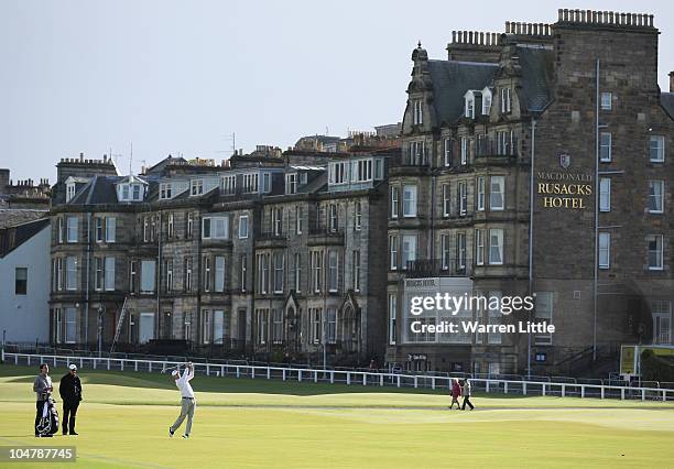 Oliver Wilson plays his sceond shot into the first green during the second practice round of The Alfred Dunhill Links Championship at the Old Course...