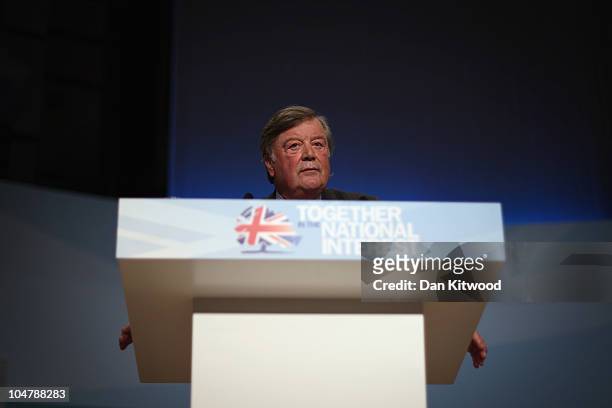 British Justice Secretary Ken Clarke speaks at the Conservative Party Conference on October 5, 2010 in Birmingham, England. On the third day of the...