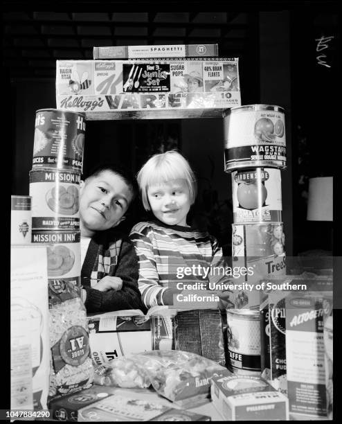 Los Angeles Orphans Home food shower, 20 November 1957. Mrs James P Bradley;Miss Mary Pike;Mrs Hazel Kimball;Mrs Dwight Hart;Mike, Sherry;Freddie --...