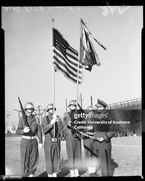 Loyola Reserve Officer Training Corps, 20 November 1957. Sergeant Don Nichols;Sergeant Bob Schraeder;Sergeant Ron Kronauge;Private Tim...