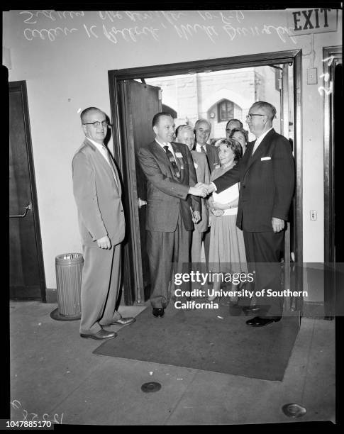 Chamber of Commerce , 8 October 1957. Allan K Pollocki ;Mike Dumalsk ;Sidney Hoedemaker .;Caption slip reads: 'Photographer: Snow. Date: . Reporter:...