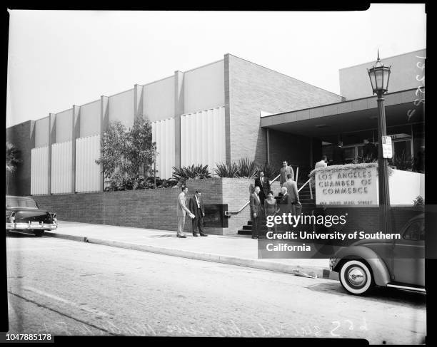 Chamber of Commerce , 8 October 1957. Allan K Pollocki ;Mike Dumalsk ;Sidney Hoedemaker .;Caption slip reads: 'Photographer: Snow. Date: . Reporter:...