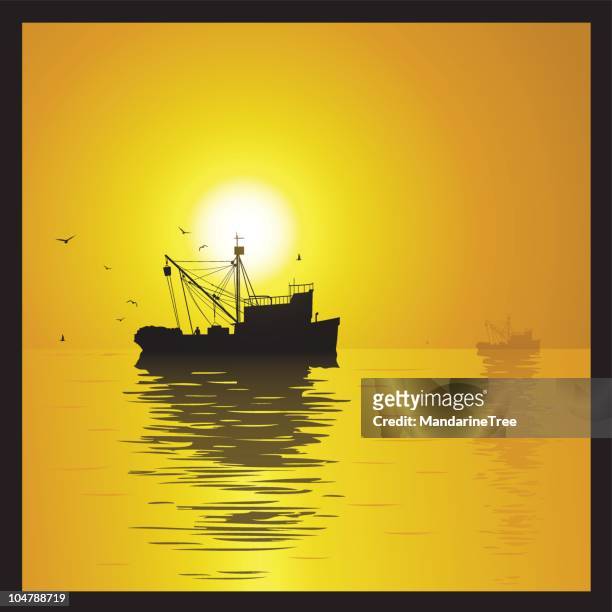 fishing ship at sunset - commercial fishing boat stock illustrations