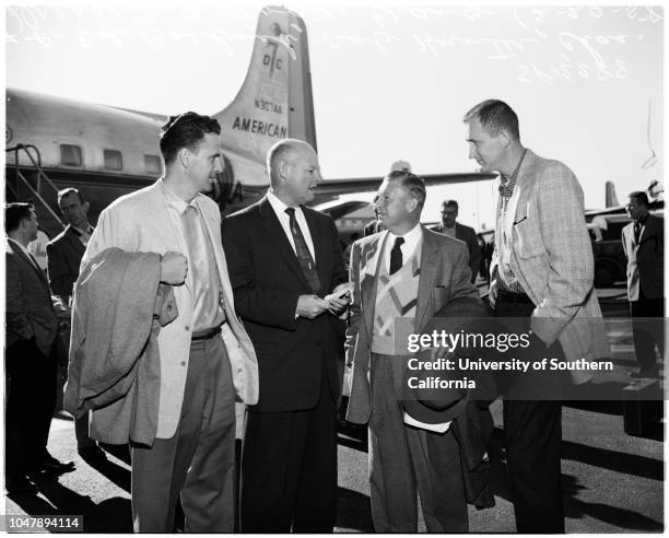 Baseball -- Dodgers leaving, 20 February 1958. Ed Roebuck;Bob Hunter;Charles Dressen;Roger Craig;Mannilio ;Hanlon ;Ed Palmquist. 'Sports'. .;Caption...