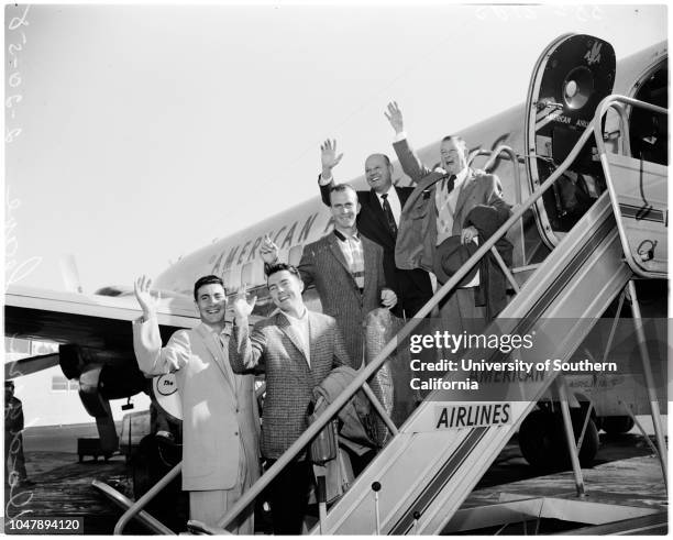 Baseball -- Dodgers leaving, 20 February 1958. Ed Roebuck;Bob Hunter;Charles Dressen;Roger Craig;Mannilio ;Hanlon ;Ed Palmquist. 'Sports'. .;Caption...