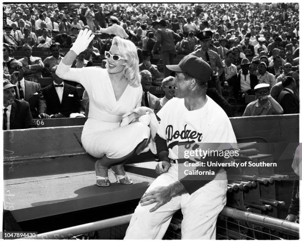 Baseball -- Dodgers versus Giants, opening day, 18 April 1958. George Jessel;Ford Frick;Norris Poulson;George Christopher;Mr & Mrs Walter O'Malley;Mr...