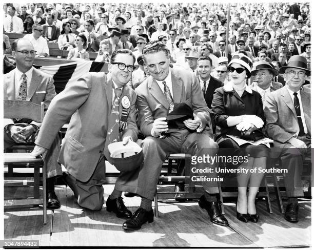 Baseball -- Dodgers versus Giants, opening day, 18 April 1958. George Jessel;Ford Frick;Norris Poulson;George Christopher;Mr & Mrs Walter O'Malley;Mr...