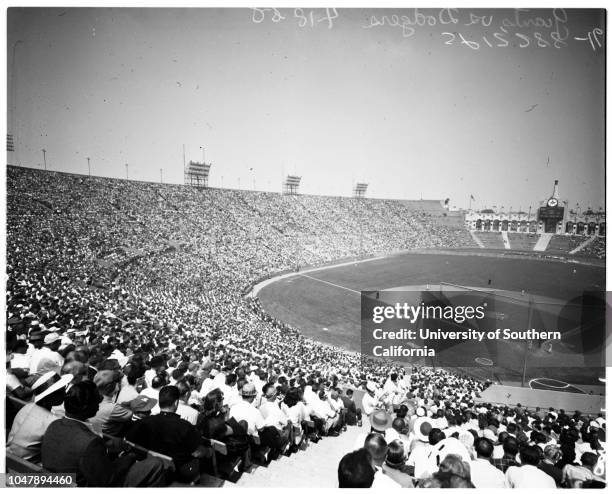 Baseball -- Dodgers versus Giants, opening day, 18 April 1958. George Jessel;Ford Frick;Norris Poulson;George Christopher;Mr & Mrs Walter O'Malley;Mr...