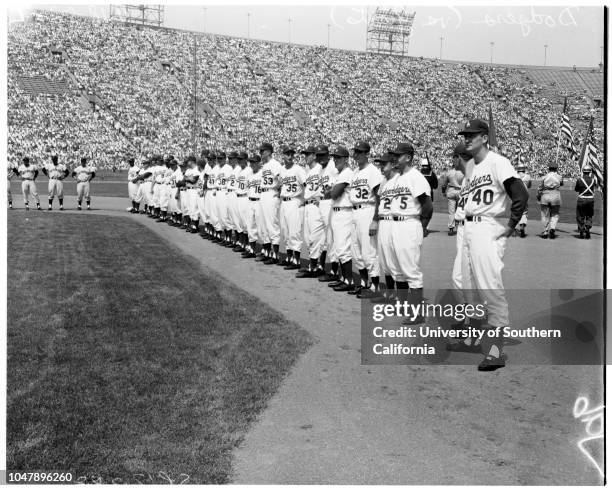 Baseball -- Dodgers versus Giants, opening day, 18 April 1958. George Jessel;Ford Frick;Norris Poulson;George Christopher;Mr & Mrs Walter O'Malley;Mr...