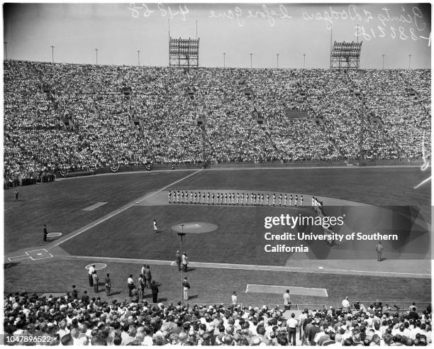 Baseball -- Dodgers versus Giants, with ceremonies, 18 April 1958. Walter Alston;Warren Giles;Joe E Brown;Juli Reding;Bob Davenport;Mr and Mrs Walter...