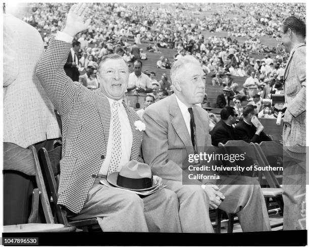 Baseball -- Dodgers versus Giants, with ceremonies, 18 April 1958. Walter Alston;Warren Giles;Joe E Brown;Juli Reding;Bob Davenport;Mr and Mrs Walter...