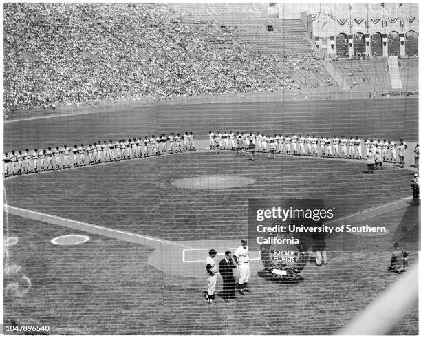 Baseball -- Dodgers versus Giants, with ceremonies, 18 April 1958. Walter Alston;Warren Giles;Joe E Brown;Juli Reding;Bob Davenport;Mr and Mrs Walter...