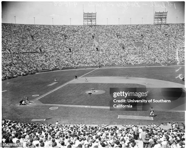 Baseball -- Dodgers versus Giants, with ceremonies, 18 April 1958. Walter Alston;Warren Giles;Joe E Brown;Juli Reding;Bob Davenport;Mr and Mrs Walter...