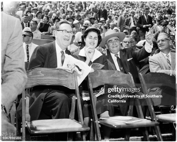 Baseball -- Dodgers versus Giants, with ceremonies, 18 April 1958. Walter Alston;Warren Giles;Joe E Brown;Juli Reding;Bob Davenport;Mr and Mrs Walter...