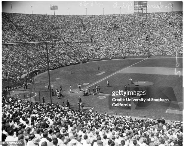 Baseball -- Dodgers versus Giants, with ceremonies, 18 April 1958. Walter Alston;Warren Giles;Joe E Brown;Juli Reding;Bob Davenport;Mr and Mrs Walter...