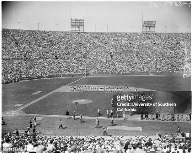 Baseball -- Dodgers versus Giants, with ceremonies, 18 April 1958. Walter Alston;Warren Giles;Joe E Brown;Juli Reding;Bob Davenport;Mr and Mrs Walter...