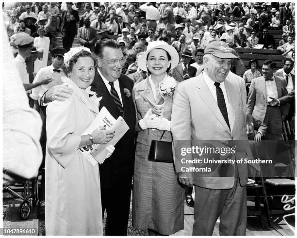 Baseball -- Dodgers versus Giants, with ceremonies, 18 April 1958. Walter Alston;Warren Giles;Joe E Brown;Juli Reding;Bob Davenport;Mr and Mrs Walter...