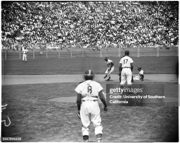 Baseball -- Dodgers versus Giants, with ceremonies, 18 April 1958. Walter Alston;Warren Giles;Joe E Brown;Juli Reding;Bob Davenport;Mr and Mrs Walter...