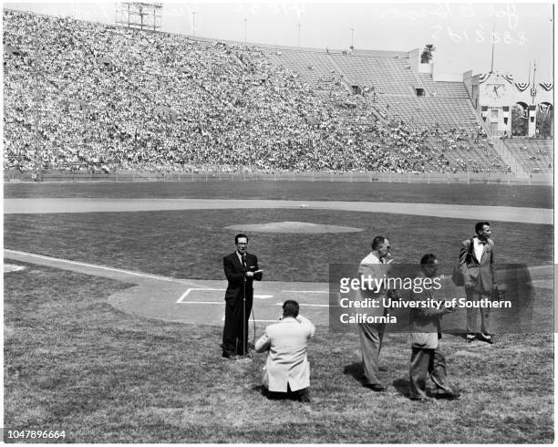 Baseball -- Dodgers versus Giants, with ceremonies, 18 April 1958. Walter Alston;Warren Giles;Joe E Brown;Juli Reding;Bob Davenport;Mr and Mrs Walter...