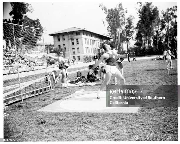 Track -- USC vs Stanford, 5 April 1958. Don Chesarek;Dean Smith;Chuck Cobb;Bob Lawson;Ernie Cunliffs;Rink Babka. 'Sports'. .;Caption slip reads:...