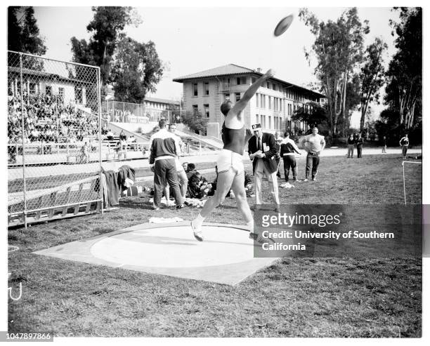 Track -- USC vs Stanford, 5 April 1958. Don Chesarek;Dean Smith;Chuck Cobb;Bob Lawson;Ernie Cunliffs;Rink Babka. 'Sports'. .;Caption slip reads:...