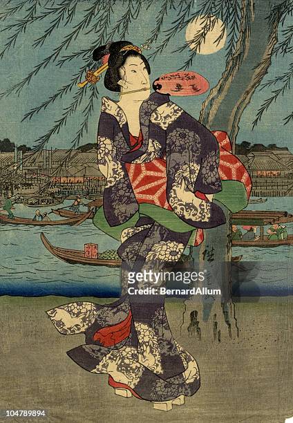 ilustrações, clipart, desenhos animados e ícones de japonês xiolográfica em imprimir mulher e da lua - quimono
