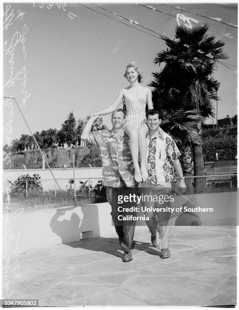 Hamilton High School alumni Queen, 4 March 1958. Sally Dildine ;Frank McBryde ;Tom Derx .;Caption slip reads: 'Photographer: Gaze. Date: . Reporter:...