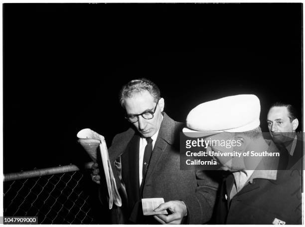 Stompanato murder, 05 April 1958. Mickey Cohen;Carmine Stompanato , wearing glasses.;Caption slip reads: 'Photographer: Gray. Date: . Reporter:...