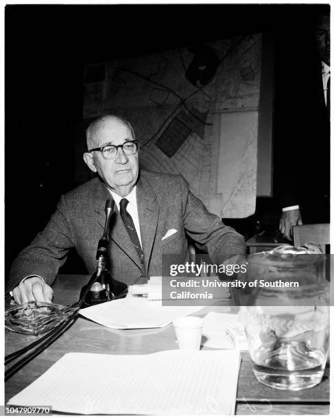 Dodger hearing on Chavez Ravine, 16 May 1958. Ralph Brown ;John Anson Ford;Pat McGee;Ed Roybal;Gordon MacLean;C.A Owen;J.A Smith;Don Blaha;John...