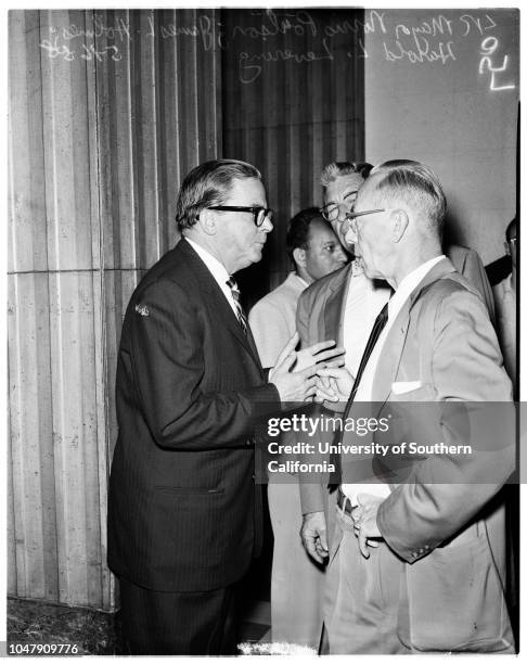 Dodger hearing on Chavez Ravine, 16 May 1958. Ralph Brown ;John Anson Ford;Pat McGee;Ed Roybal;Gordon MacLean;C.A Owen;J.A Smith;Don Blaha;John...