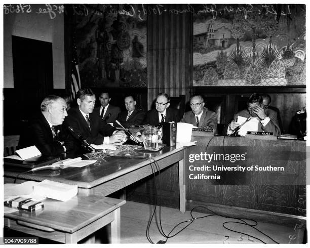 Dodger hearing on Chavez Ravine, 16 May 1958. Ralph Brown ;John Anson Ford;Pat McGee;Ed Roybal;Gordon MacLean;C.A Owen;J.A Smith;Don Blaha;John...