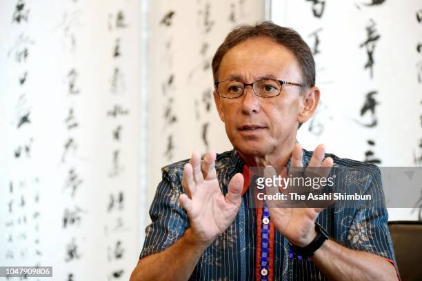Okinawa Governor elect Denny Tamaki speaks during the Asahi Shimbun interview a day after his victory in the Okinawa Gubernatorial Election on...