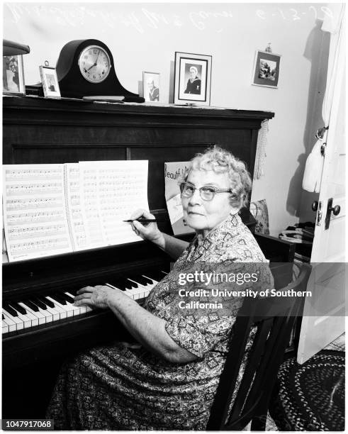 Composer of music, 13 June 1958. Mrs Elizabeth McCain -- 75 years .;Caption slip reads: 'Photographer: Swaim. Date: . Reporter: Swaim. Assignment:...