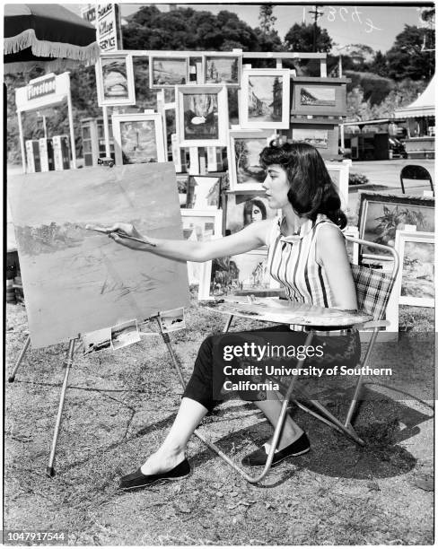 Sunset art exhibit, 14 June 1958. Gladys Robinson;Asa Maynor ;Claire Trevor;Marily Erickson .;Caption slip reads: 'Photographer: Mack. Date: ....