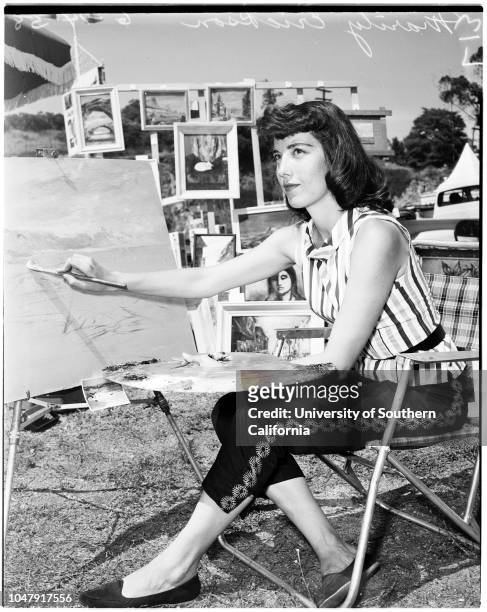 Sunset art exhibit, 14 June 1958. Gladys Robinson;Asa Maynor ;Claire Trevor;Marily Erickson .;Caption slip reads: 'Photographer: Mack. Date: ....