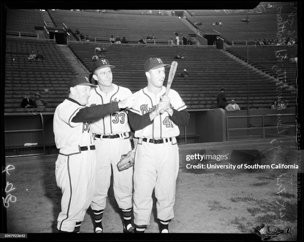 Baseball -- Dodgers versus Braves -- Shriners presentation to Haney, 1958.