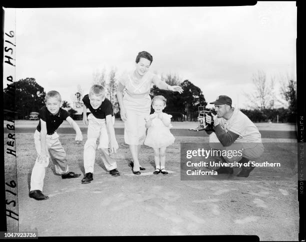 Baseball -- Dodgers at Vero Beach, 27 February 1958. Doc Wendler;Ed Roebuck;Roger Craig;Joe Pignatano;Carl Furillo;Don Zimmer;Ruth Jackson;Randy...