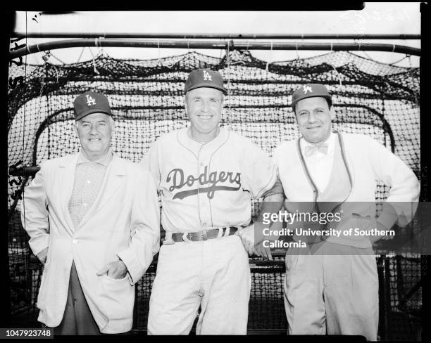 Baseball -- Dodgers at Vero Beach, 27 February 1958. Doc Wendler;Ed Roebuck;Roger Craig;Joe Pignatano;Carl Furillo;Don Zimmer;Ruth Jackson;Randy...