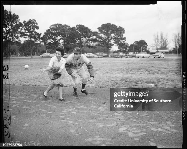 Baseball -- Dodgers at Vero Beach, 27 February 1958. Doc Wendler;Ed Roebuck;Roger Craig;Joe Pignatano;Carl Furillo;Don Zimmer;Ruth Jackson;Randy...