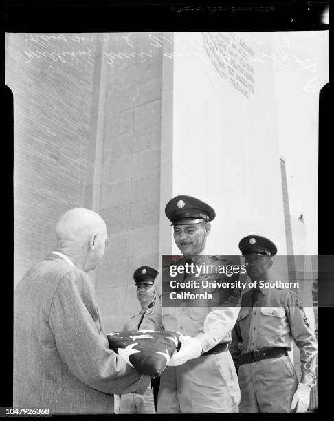 Mormon dedication, Fort Moore , 3 July 1958. Craig Hunt;Larry Hunt;William Walker;Warren Walker;William S Muir;Raymond Wade;Mayor Norris Poulson...