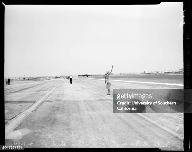 Arrival of 707-120 jetliner at International airport, 3 July 1958. Picture of plane on ramp;Sandra Giles ;Dianne Flint ;Marie Colohan .;Caption slip...