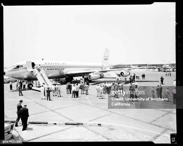 Arrival of 707-120 jetliner at International airport, 3 July 1958. Picture of plane on ramp;Sandra Giles ;Dianne Flint ;Marie Colohan .;Caption slip...