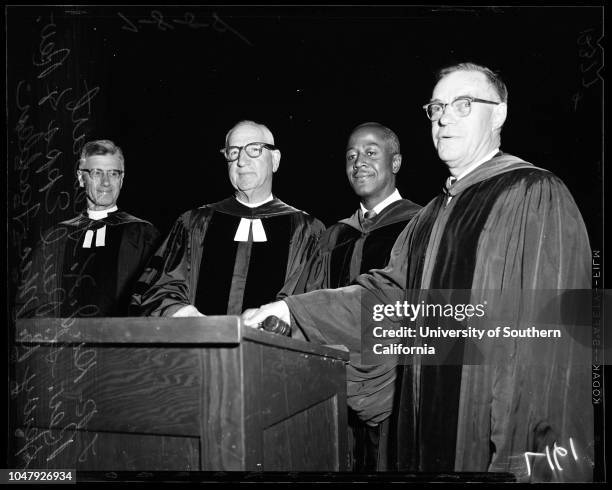 Presbyterian Church convention, 8 July 1958. The Reverend J.K Stewart ;Reverend St. Paul Epps;Reverend Henry B MacFadden.;Caption slip reads:...