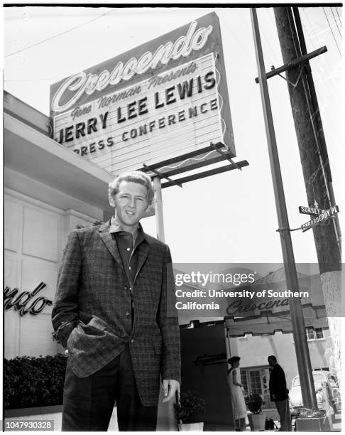 Interview, 18 July 1958. Jerry Lee Lewis.;Caption slip reads: 'Photographer: Olmo. Date: . Reporter: Thackrey. Assignment: Interview....