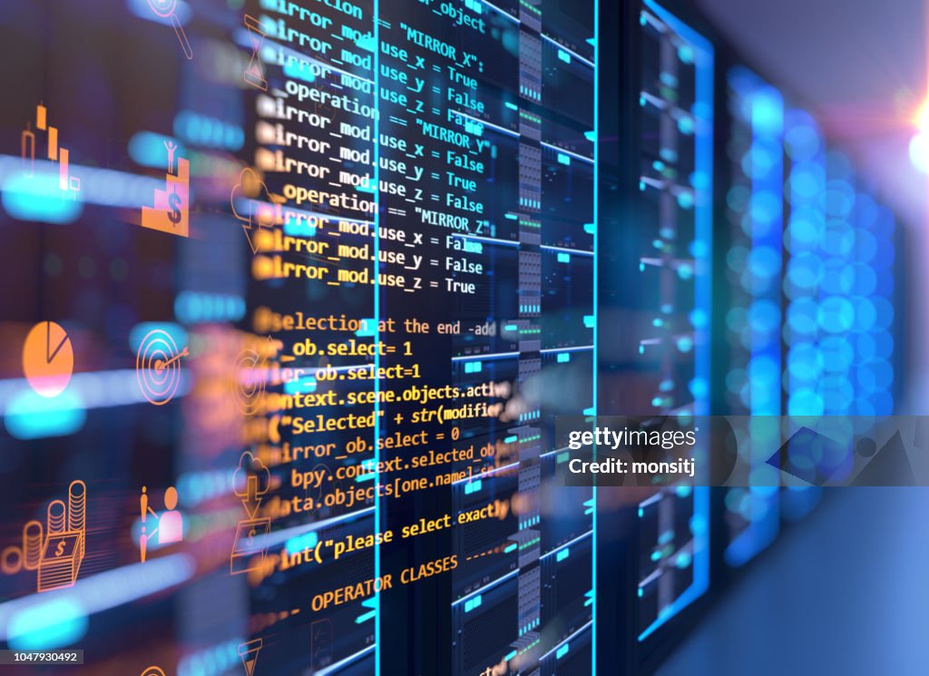 Corridor Of Server Room 3d Illustration With Node Base Programming Data ...